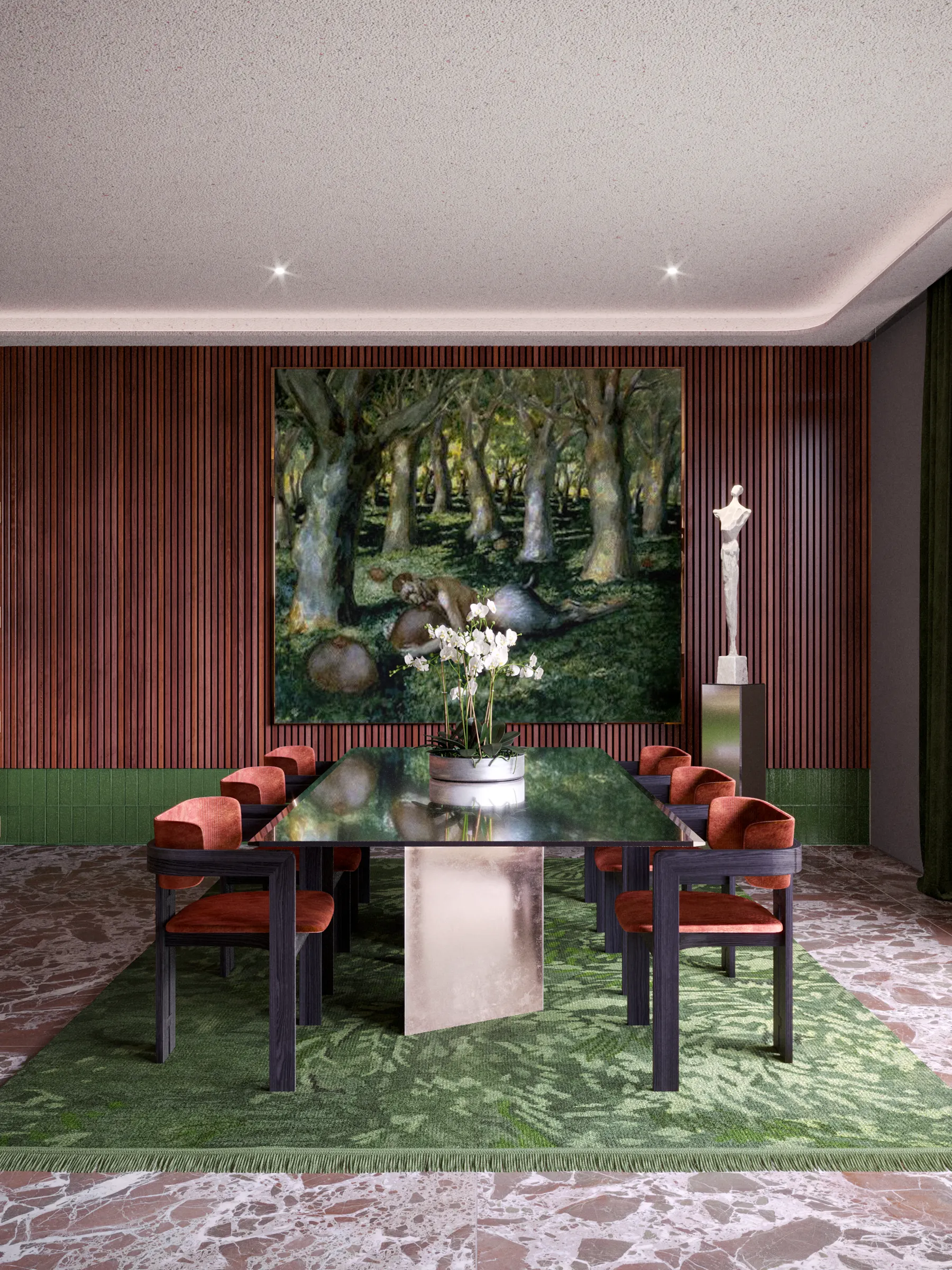 Casa Artigues — dining room with dark glass table, terracotta chairs and forest painting, Barcelona