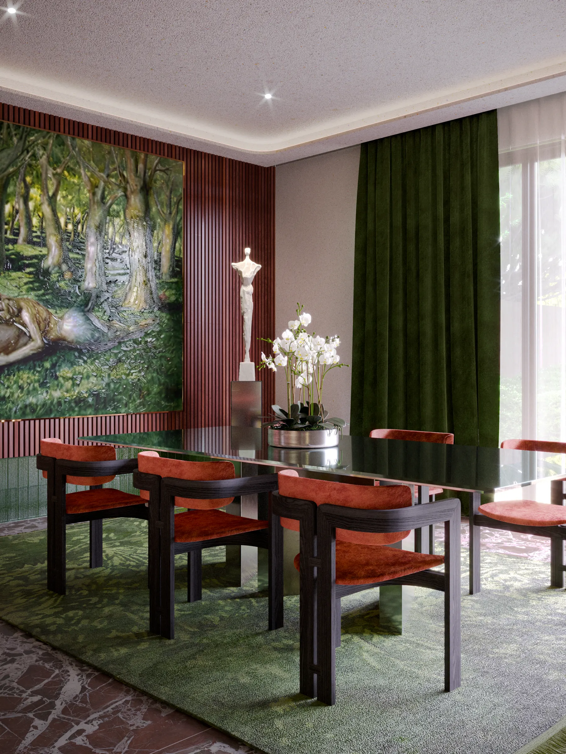 Dining room detail with green velvet curtain and sculpture
