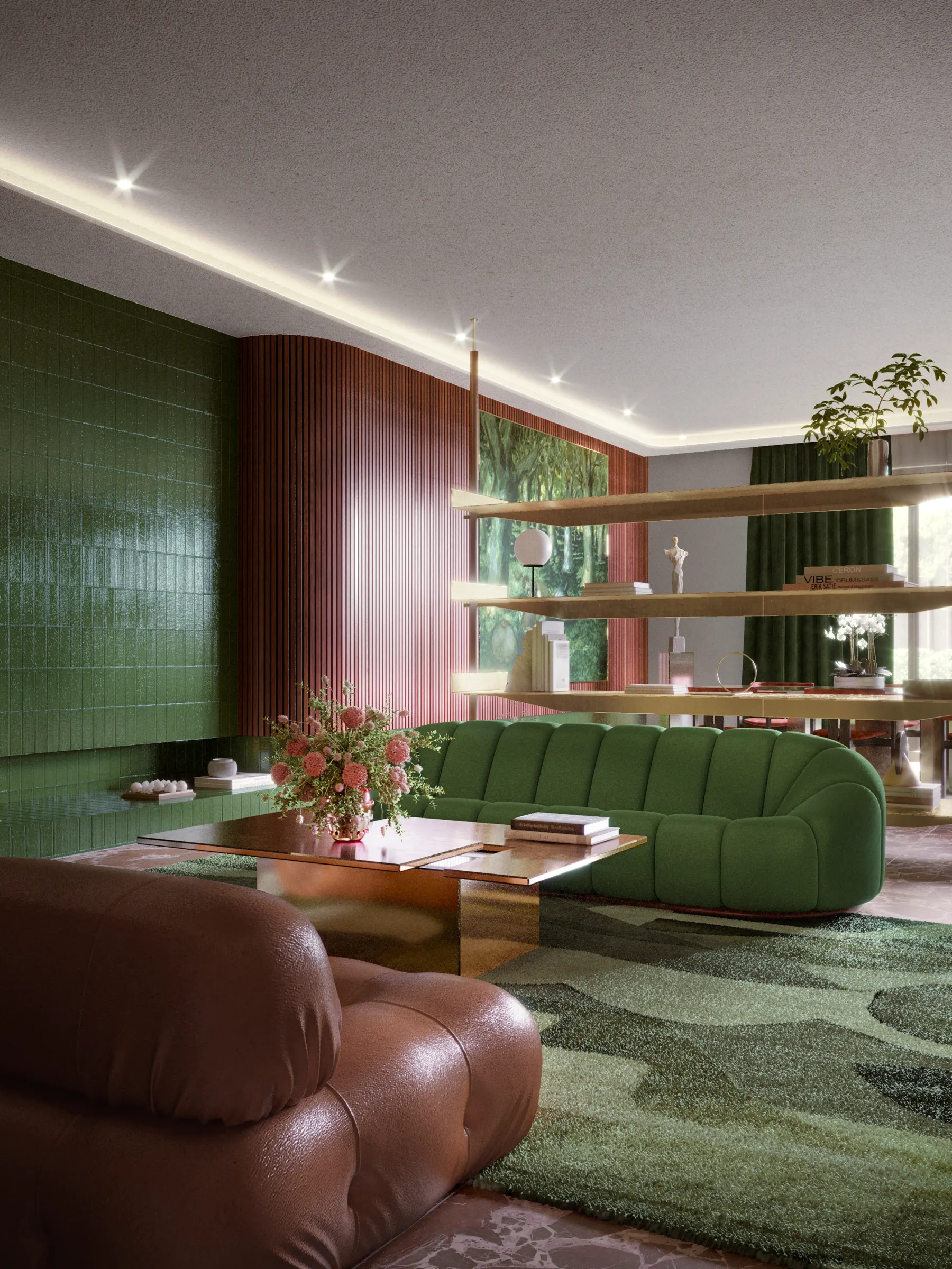 Lounge with green velvet sofa, glazed tile wall and brass shelving