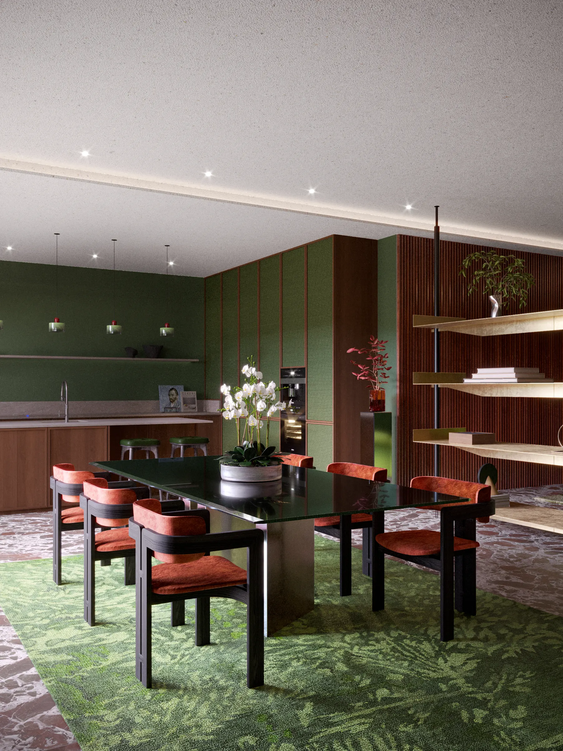 Dining table with kitchen beyond