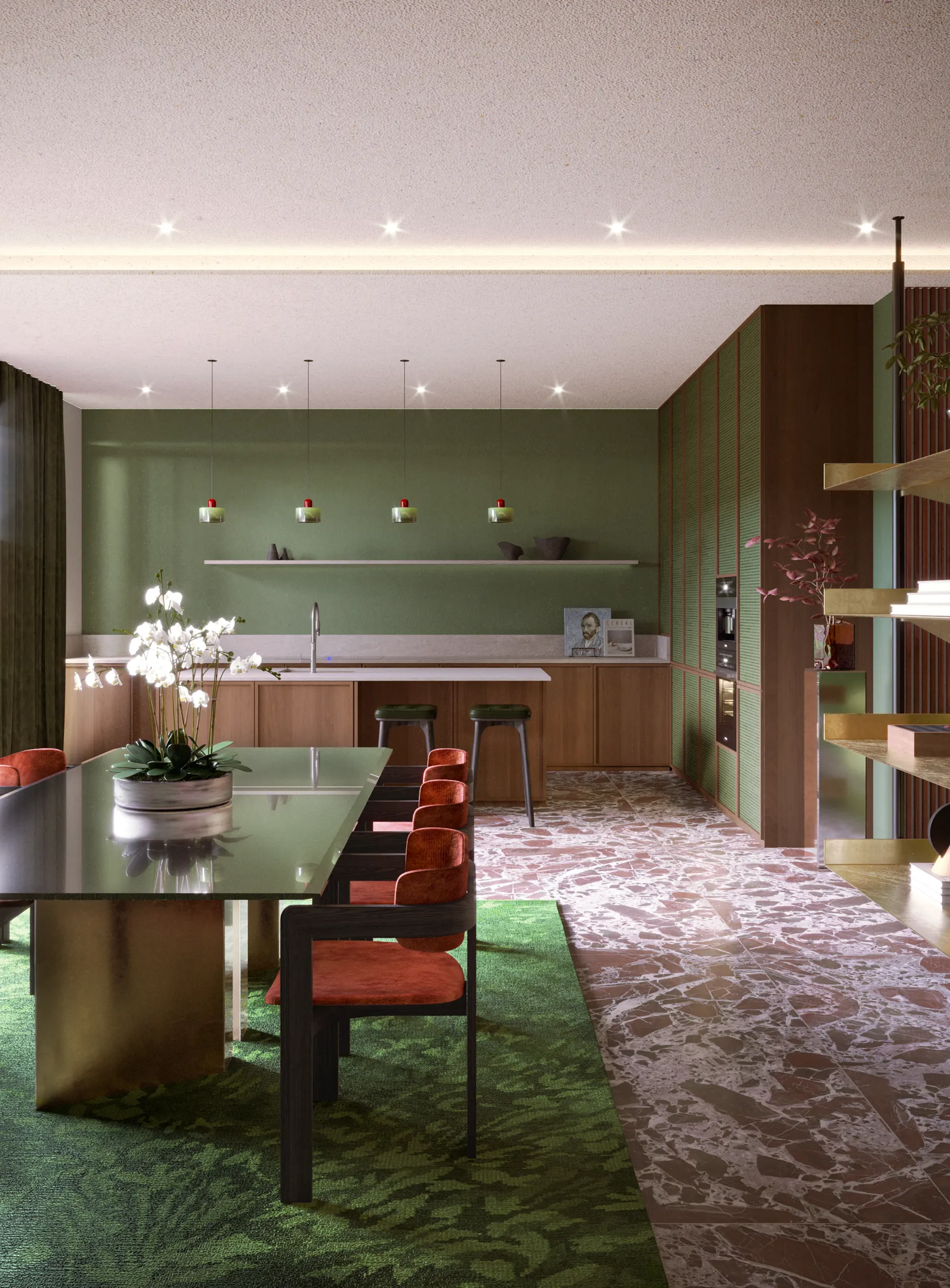 Open kitchen and dining seen along the rosa marble floor