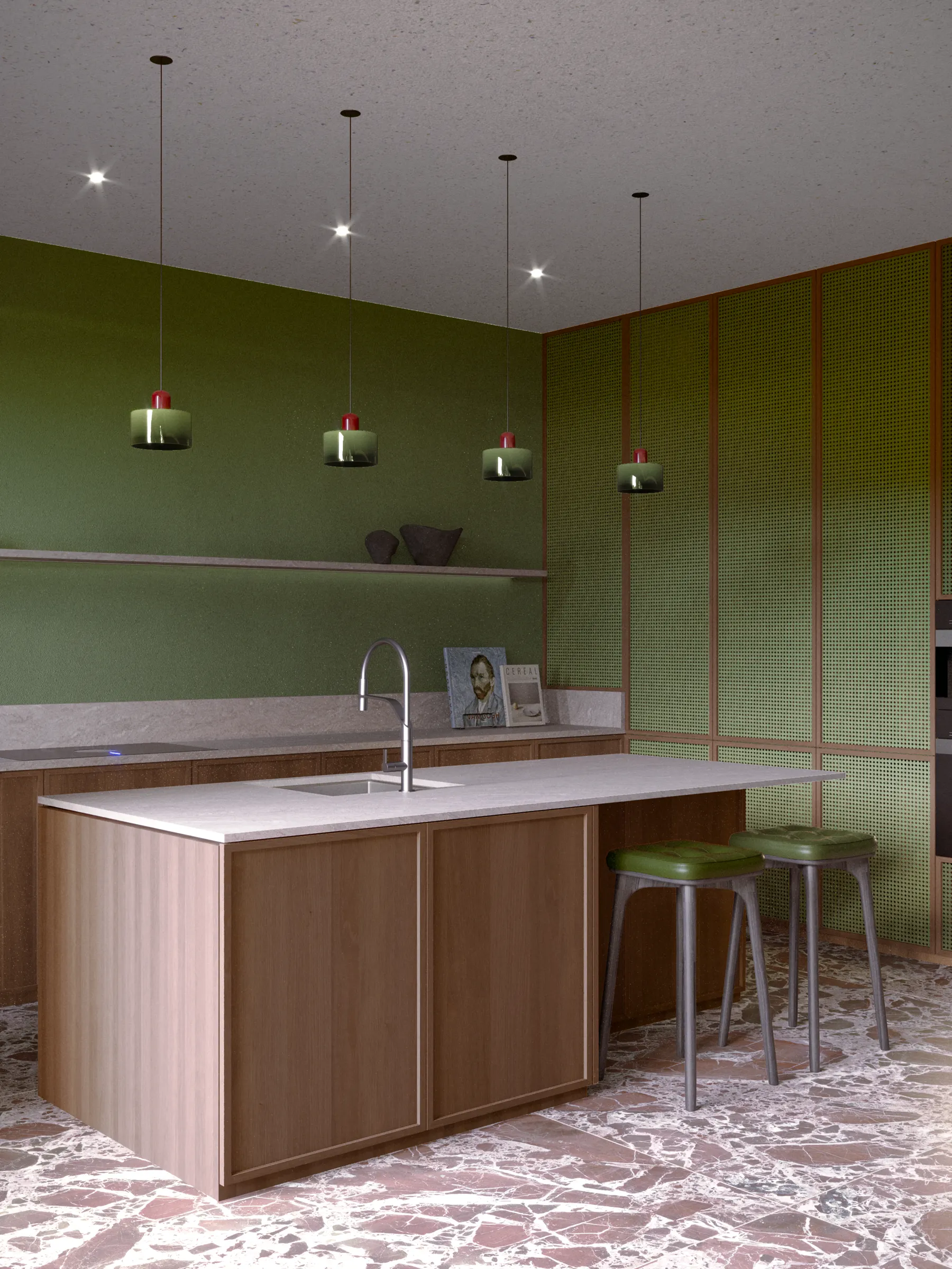 Kitchen island in oak with green pendant lights