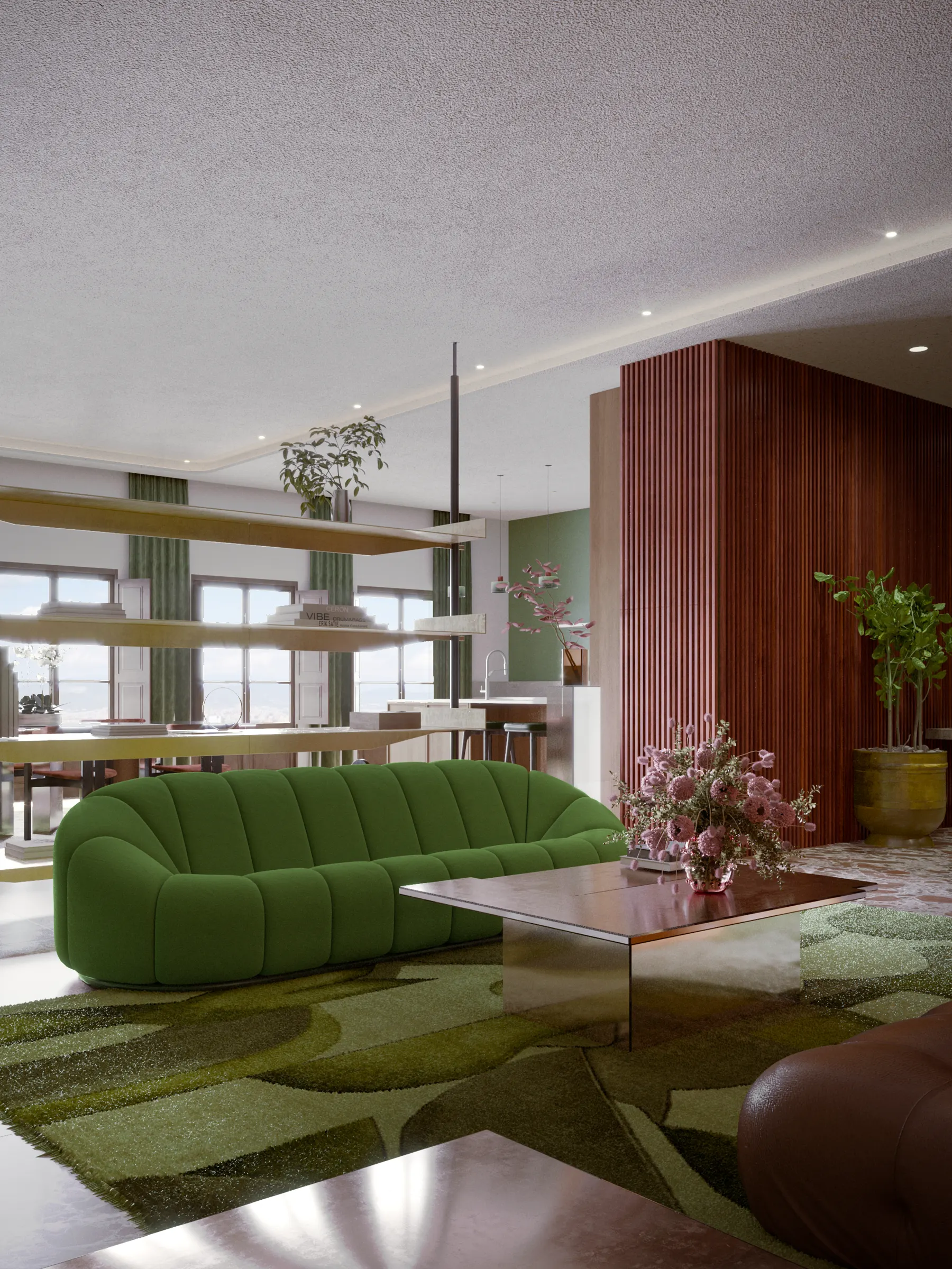 Lounge seen from the terrace side, green sofa and copper coffee table
