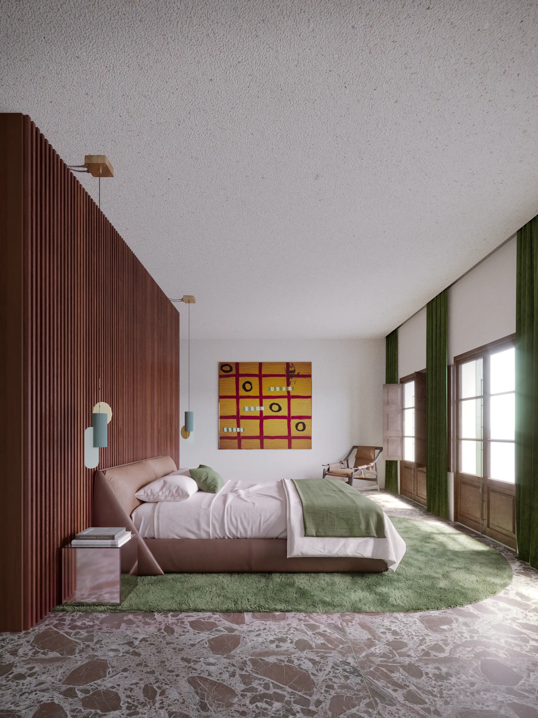 Main bedroom with fluted terracotta headboard wall and green rug