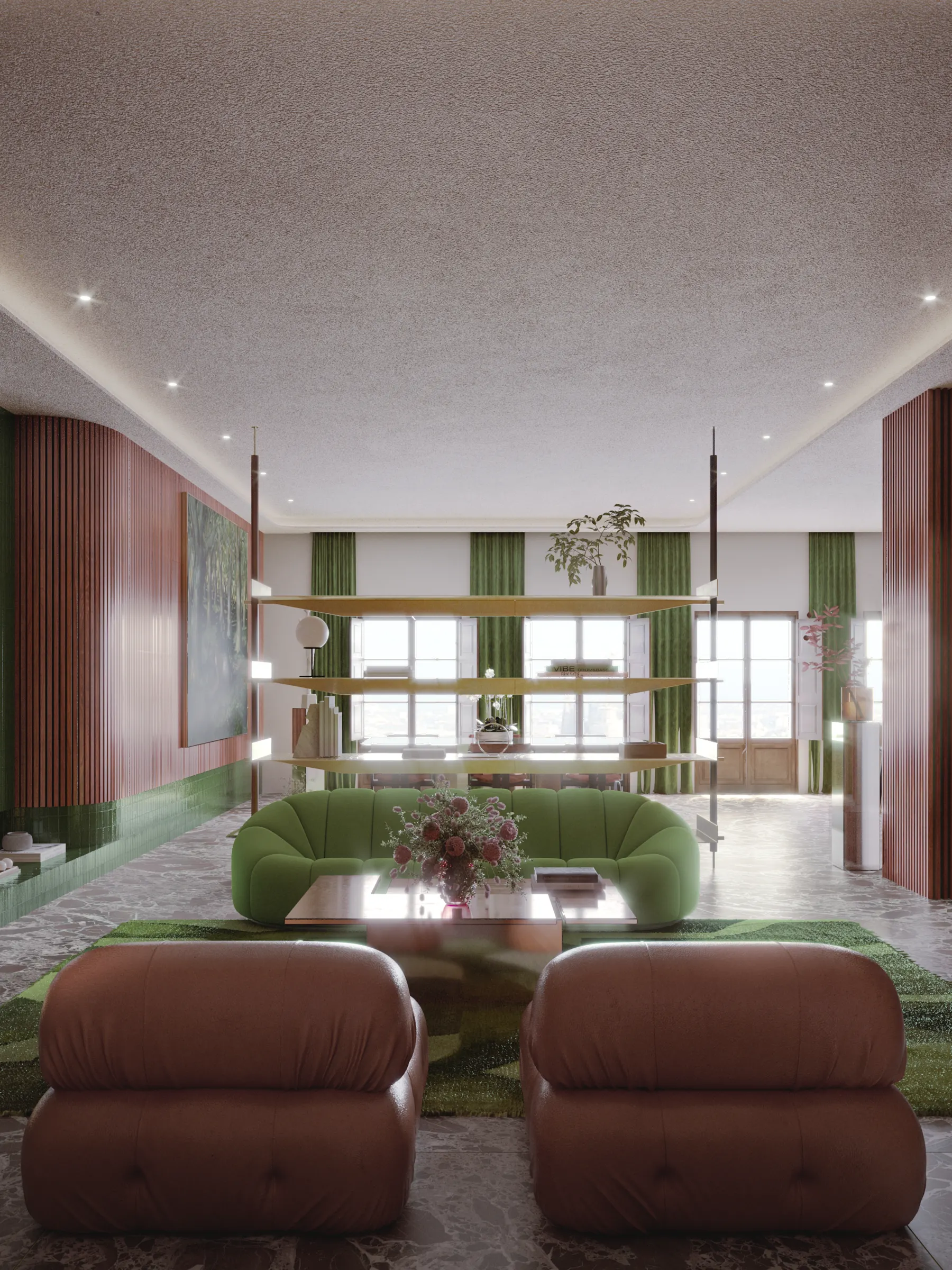 Living room overview with green sofa and terracotta armchairs