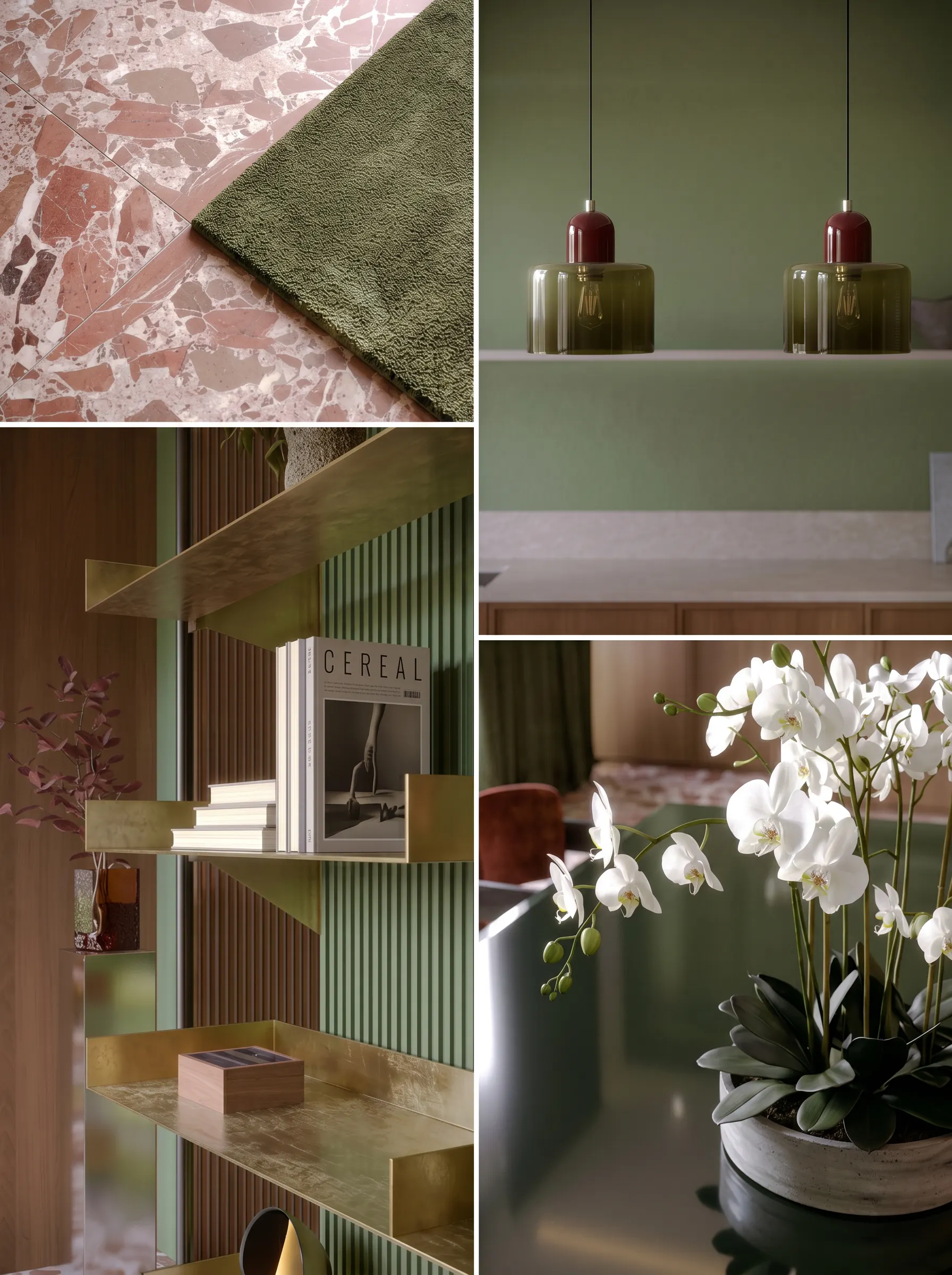 Casa Artigues material and detail studies — marble, brass, lighting and textiles
